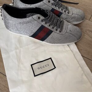 Gucci Silver Glitter Leather Bambi Blue Web Sneakers Size 39